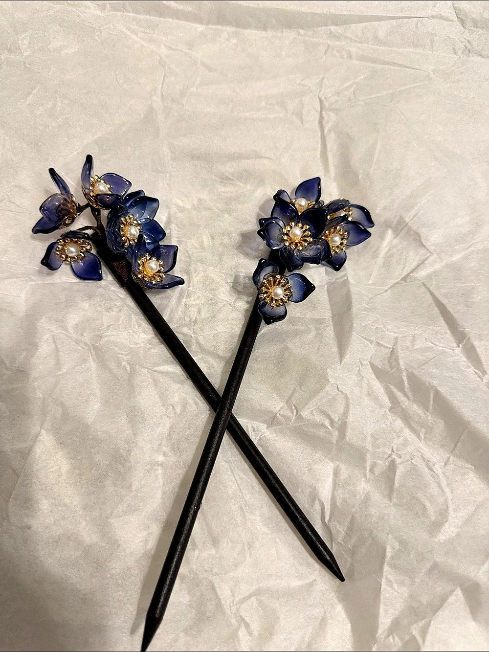 Blue & Gold Floral Hair Sticks Wedding Hair Accessories